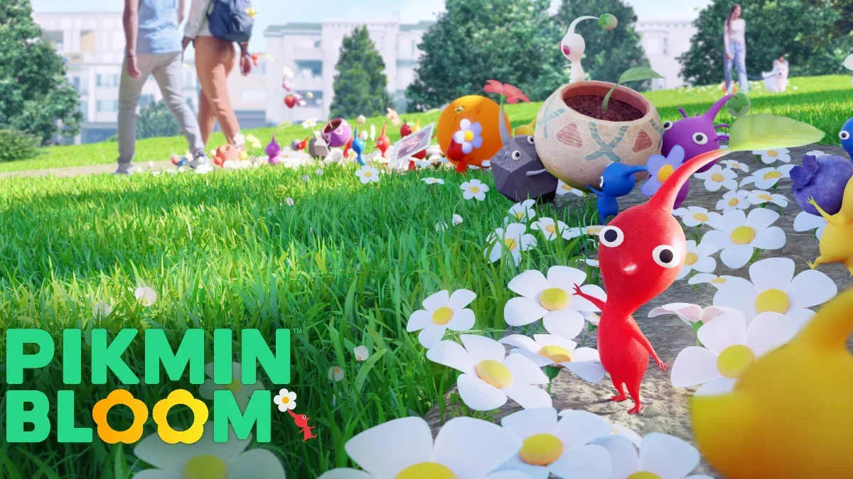 Verschillende pikmin met bloemen op een wandelpad.